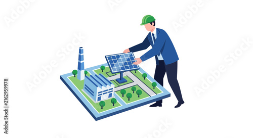 Engineer Planning Green Energy Integration with Solar Panels for Sustainable Industrial Development Isometric Illustration