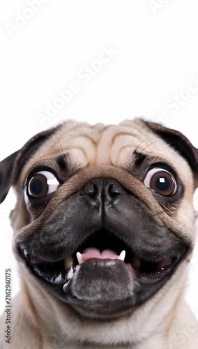 close-up video of a funny fawn Pug dog displaying a comedic shocked expression isolated white background. The pug looks directly up at the camera with wide, glossy round eyes