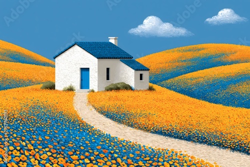 White cottage with blue roof surrounded by orange and blue wildflower field