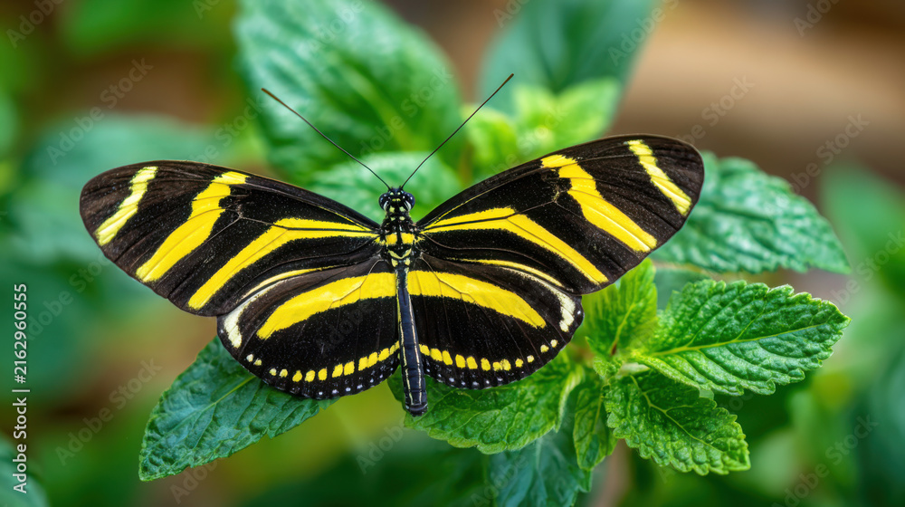 Naklejka premium vibrant yellow and black zebra longwing butterfly on a leafy background