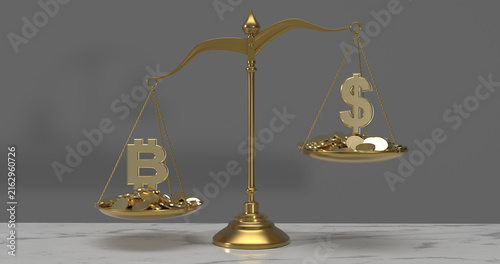 Quadro su tela Bitcoin symbol outweighing the dollar symbol on a gold balance scale representin