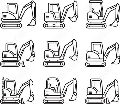 Seamless pattern of black line art mini excavators on a white background.