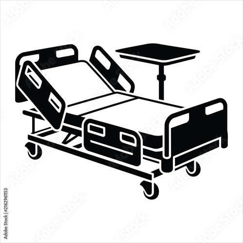 Isolated black silhouette icon of a hospital bed with an adjustable bedside table for medical care