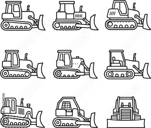 A collection of black and white bulldozer line art icons on a white background.