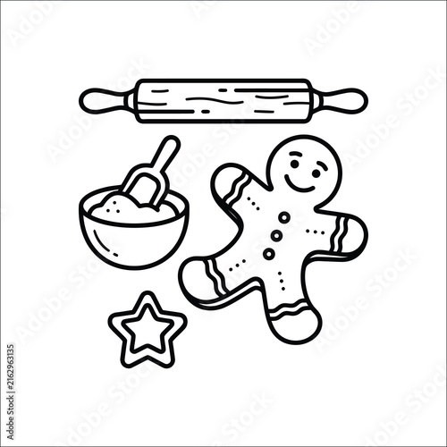 Hand Drawn Gingerbread Cookie Baking Tools and Decorative Star Icons