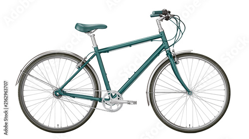 Teal commuter bicycle with fenders and silver components