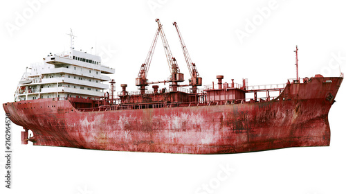 Konstfotografi Large rusty red cargo ship with cranes and white superstructure