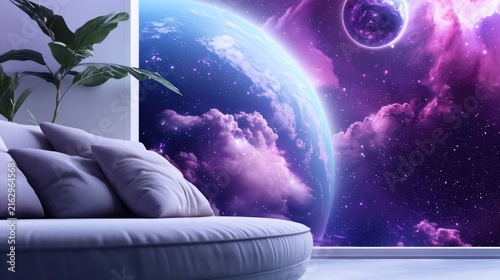 Modern Living Room with Futuristic Space View Window.