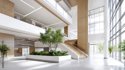 Modern Office Building Interior with Natural Light and Greenery.