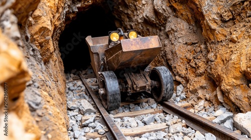 Old mining cart on tracks inside a dark mine tunnel with rough rock walls.