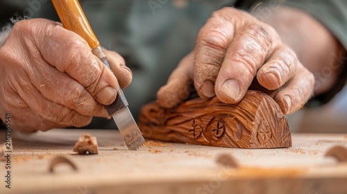 Skilled Artisan Carving Intricate Details into a Wooden Sculpture with a Chisel.
