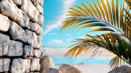 Tropical Beach Scene with Palm Tree and Stone Wall.