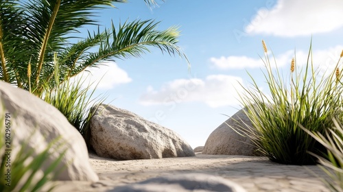 Tropical Beach Scene with Rocks and Palm Leaves Under Blue Sky.