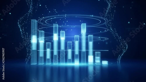 Futuristic Digital Analytics Bar Graph Visualization Representing Advanced Data Processing Growth Trends with Glowing Infographic HUD Interface Elements