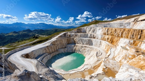 Vast Open Pit Mine with Turquoise Water and Mountain Backdrop.