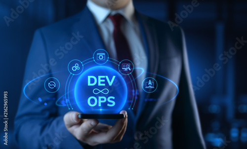 Businessman holding smartphone with Dev Ops Development Operations icons on screen