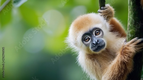 Young Gibbon Monkey Clinging to Tree Branch in Lush Green Forest.