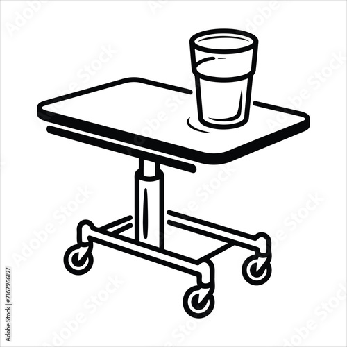 Line art illustration of a portable medical table with a glass of water on top
