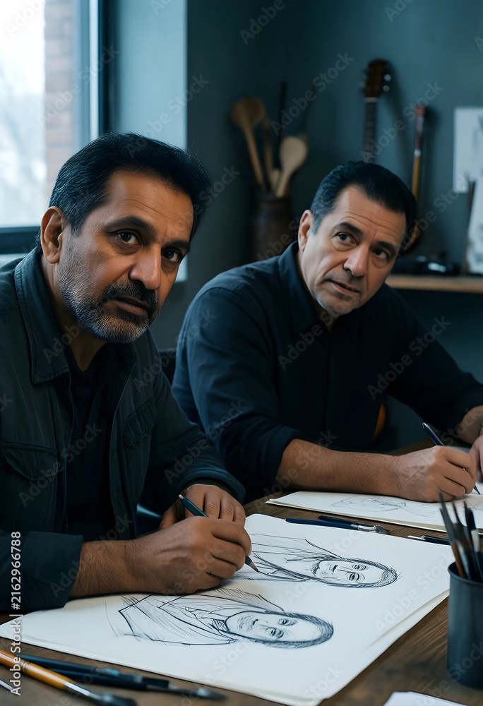 Fototapeta premium Creative collaboration and artistic process, two men drawing sketches together in a studio workshop