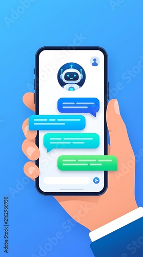 Chatbot icon on smartphone screen with conversation bubbles. Artificial intelligence application symbol. Digital texting assistant interface. Customer service communication vector illustration