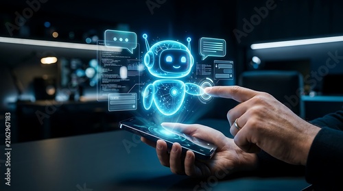 Futuristic AI Virtual Assistant Hologram on Smartphone. Human Interaction with Artificial Intelligence. Glowing Robot Interface and Digital Chat Bubbles over blurred office background.