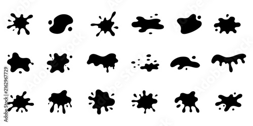 Abstract splash vector set. Black silhouette liquid spots, splatters, puddles and ink blots. Paint, water, oil, coffee, chocolate and syrup design elements isolated on white background.