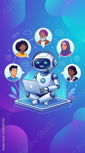 Artificial intelligence assistant managing multi-ethnic customer support chat. Cute robot using laptop for global communication technology concept.