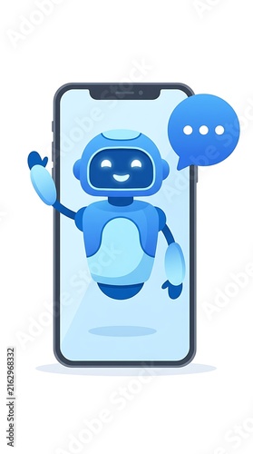 Blue Chatsbot Character Mascot Concept, Smartphone Chat Interface, Customer Service Support Design, Happy Robot Icon With Speech Bubble