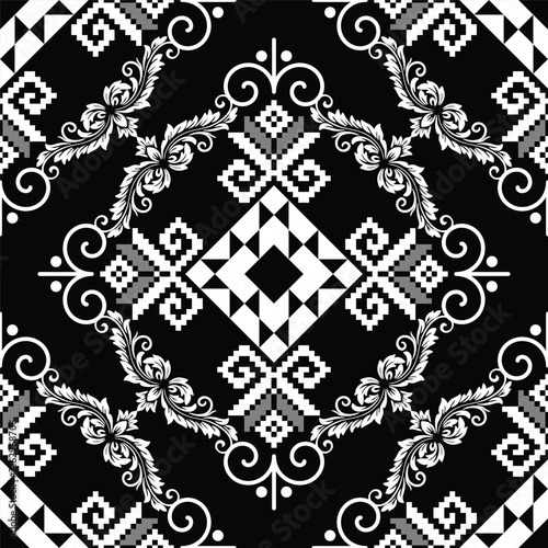 Elegant Black and White Thai Classic Branch and Floral Pixel Geometric Pattern for Fabric and Background – Traditional Thai Botanical Ornament with Modern Decorative Style