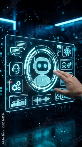 Hand interacting with virtual assistant interface, robotic icon on holographic HUD. Futuristic artificial intelligence. AI system, automation, signal processing, voice recognition app.