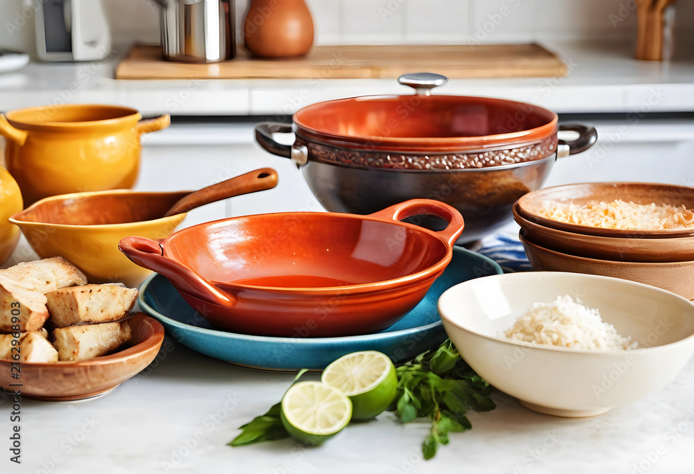 Fototapeta premium Home cooking and healthy eating kitchen counter with various ceramic dishes fresh ingredients and cooking utensils