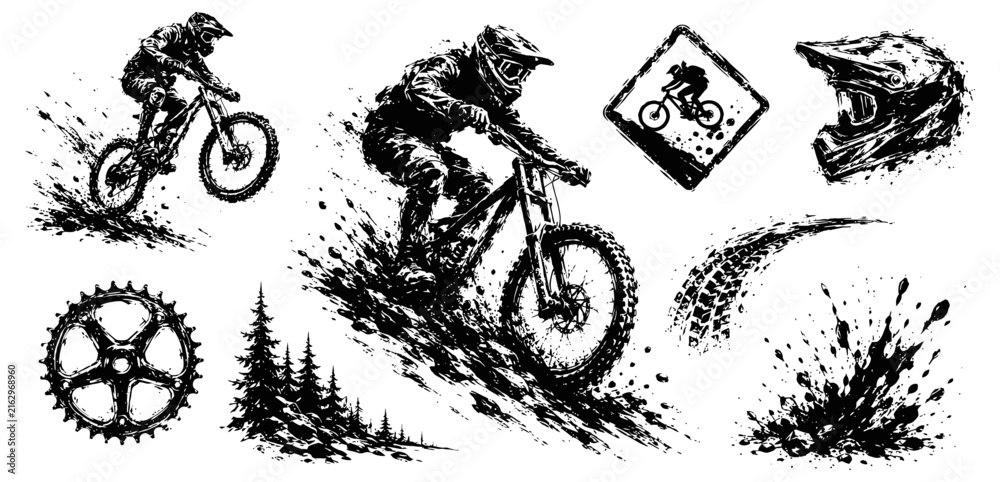 Fototapeta premium mountain biker riding downhill dirt trail, speed motion, protective gear, helmet, off road cycling adventure