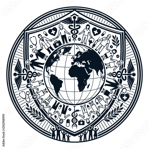 Circular medical emblem featuring globe and diverse figures.