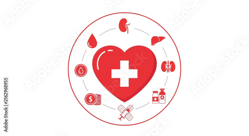 Circular medical icon featuring heart and health symbols.