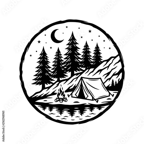 Circular night landscape camping tent and campfire
