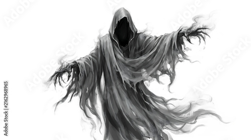 Obraz na płótnie Mysterious hooded figure in tattered white robes with outstretched arms against