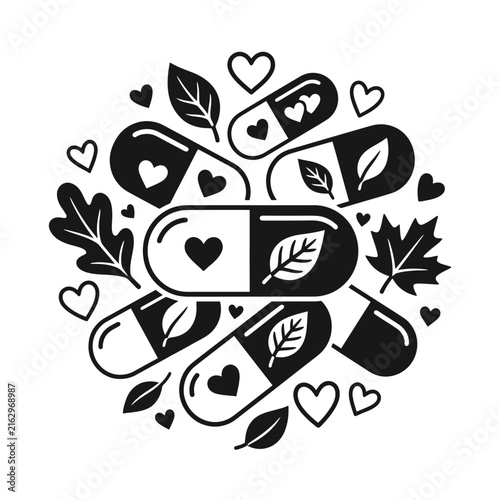 Circular pattern of medicine capsules with hearts and leaves