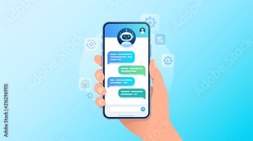AI chatbot interface on smartphone screen, hand holding mobile phone with chat bot assistant, digital customer support app