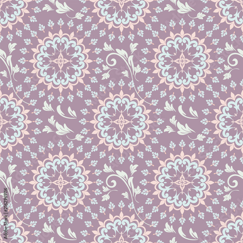 Elegant Pastel Floral Mandala Pattern with Leaves in Soft Blue, Pink and Yellow on Light Purple Background – Charming Decorative Design for Fabric, Bedding, Curtains and Textile