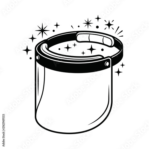 Clean medical face shield icon line art with sparkles.