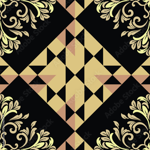 Elegant Thai Floral Geometric Pattern in Soft Yellow and Pastel Orange on Black Background – Classic Traditional Thai Ornament for Fabric, Textile, Wallpaper and Decorative Design