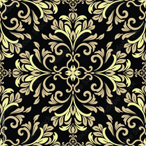 Elegant Thai Floral Pattern in Golden Yellow on Black Background – Classic Traditional Thai Flower Design for Fabric, Textile, Glass, Home Decor, Wallpaper and Decorative Surfaces