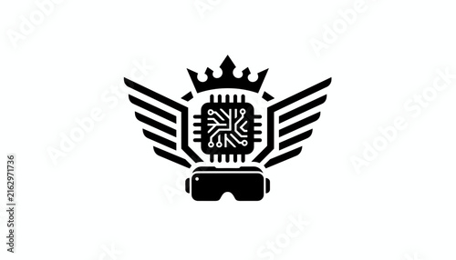 High tech virtual reality gaming logo featuring a crown, winged computer chip, and a VR headset silhouette.