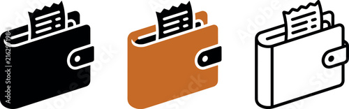 Wallet icons with receipt paper during financial transaction concept in flat design