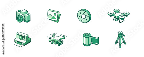 Photography Icons Collection. A collection of isometric icons representing various photography equipment and concepts, including cameras, drones, and film. Vector