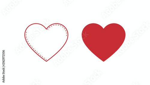 Two beautiful red hearts side-by-side, one depicted as a dashed stitched outline and the other as a solid shape.