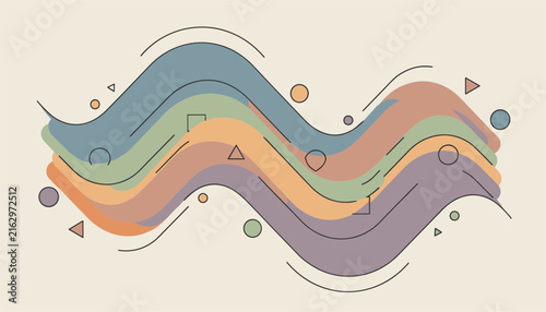 Retro wavy abstract design featuring pastel-colored stripes curving gracefully alongside small geometric accents.