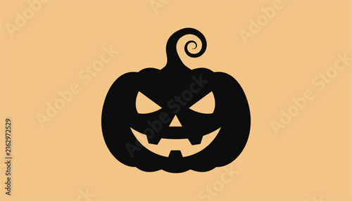 Spooky and creepy silhouette of a halloween jack-o-lantern pumpkin with a curled stem on a light orange background.