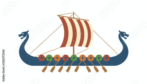 Beautiful detailed illustration of a traditional viking longship with dragon head bows, striped sail, and shields.