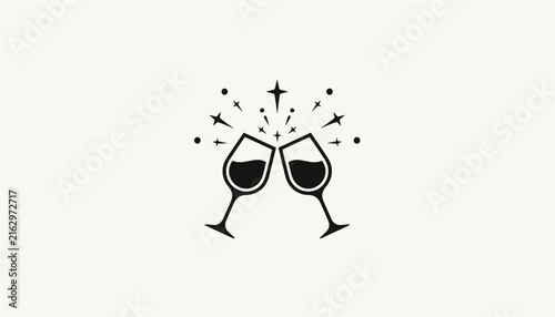 Minimalist elegant vector graphic of two classic wine glasses clinking in a celebratory toast with decorative stars.